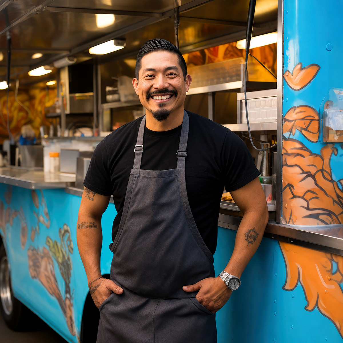 Foodtruckondernemer voor zijn foodtruck