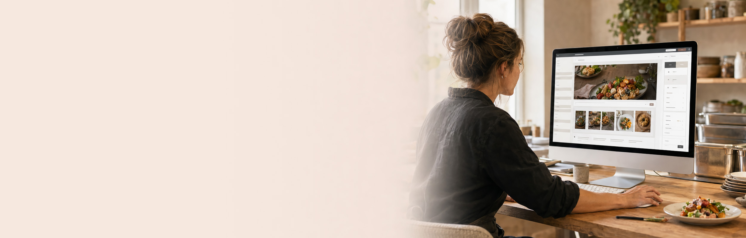 Cateringondernemer en foodfotograaf bereiden gerechten voor een professionele cateringwebsite