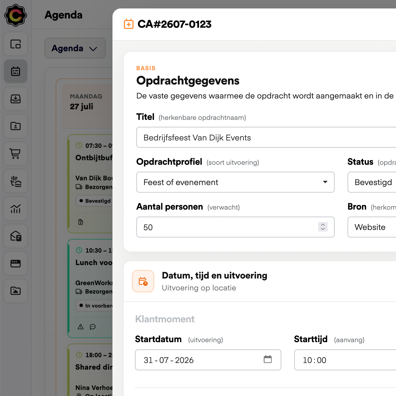 Opdrachtgegevens met datum, tijd en uitvoering in CaterAssist