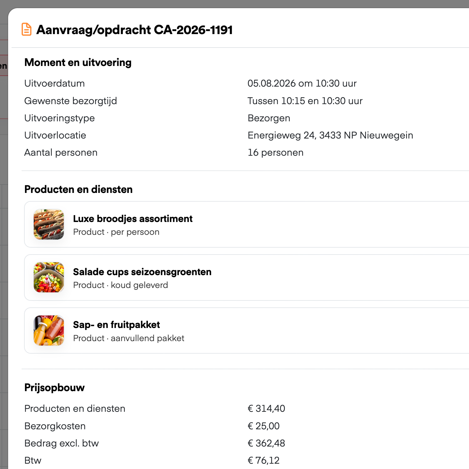 Aanvraag met uitvoerdatum, producten en prijsopbouw in CaterAssist