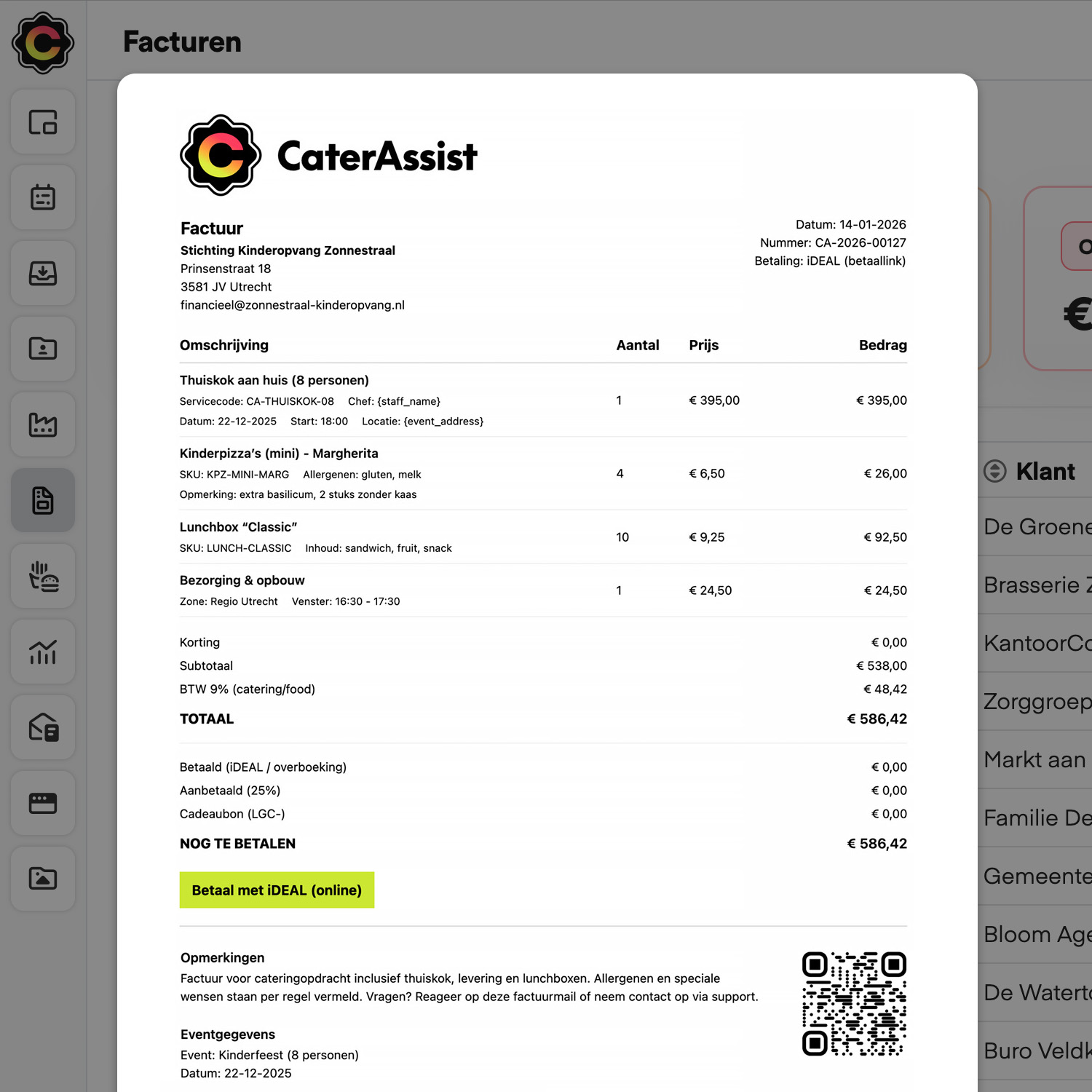 CaterAssist factuur met regels, totalen en online betaalknop