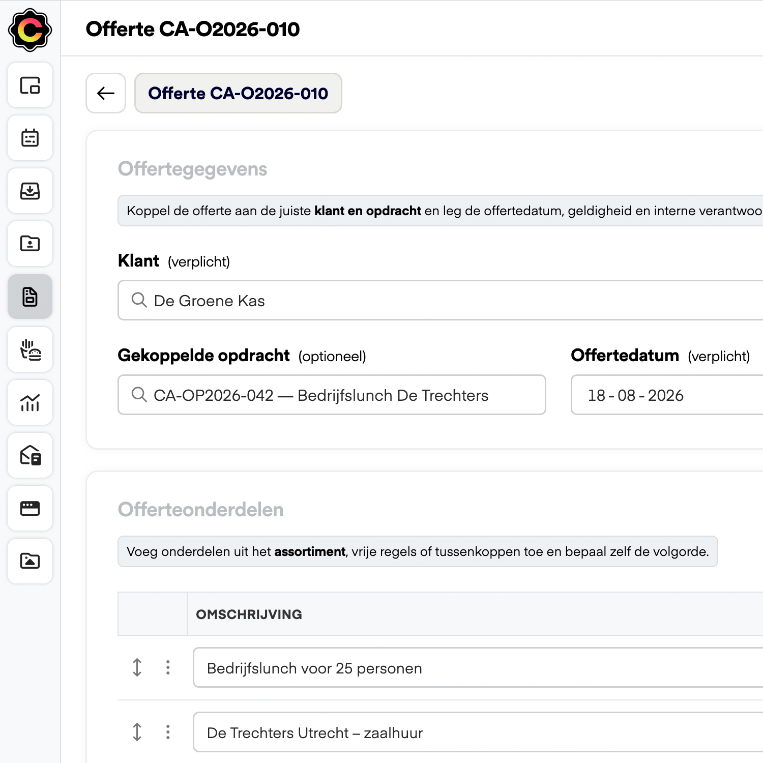 Offertegegevens en offerteregels in CaterAssist