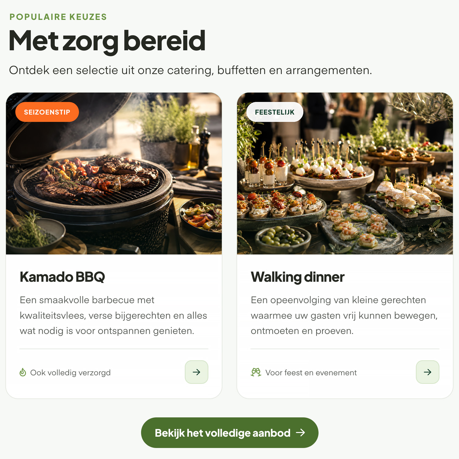 Online aanbod met cateringarrangementen en bestelknoppen